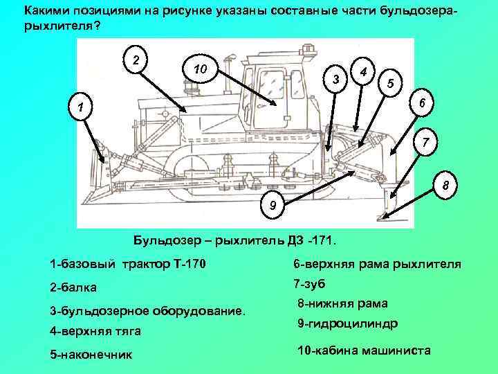 Какими позициями на рисунке указаны составные части бульдозера рыхлителя? 2 10 3 4 5