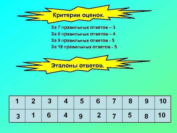 Критерии оценок. За 7 правильных ответов – 3 За 8 правильных ответов – 4