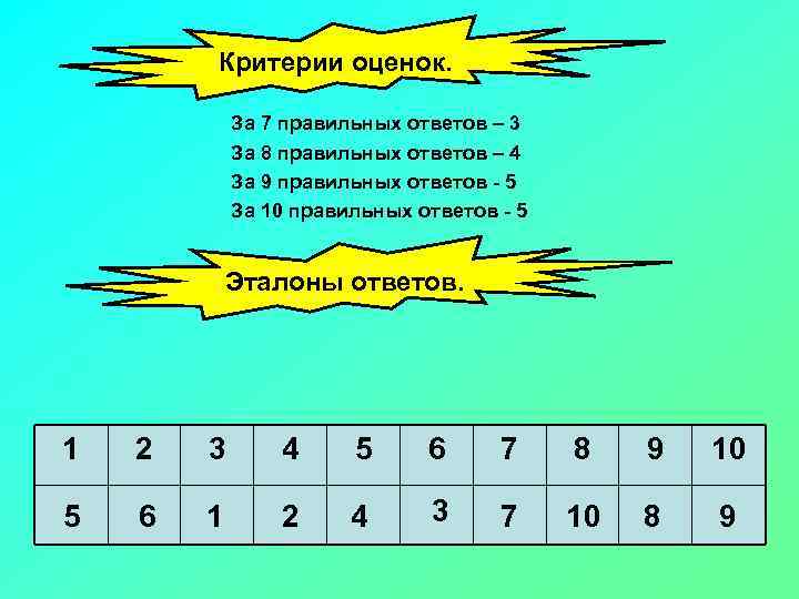 Критерии оценок. За 7 правильных ответов – 3 За 8 правильных ответов – 4