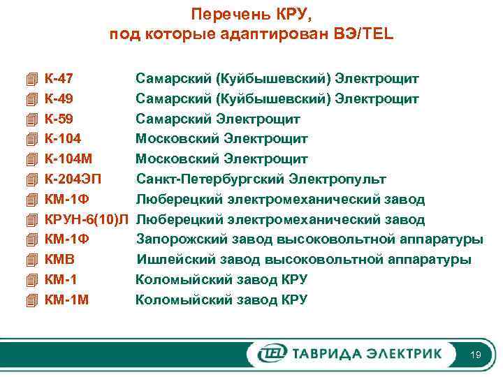 Перечень КРУ, под которые адаптирован ВЭ/TEL 4 4 4 К-47 К-49 К-59 К-104 М