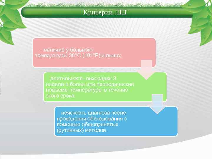 Критерии ЛНГ – наличие у больного температуры 38°С (101°F) и выше; длительность лихорадки 3