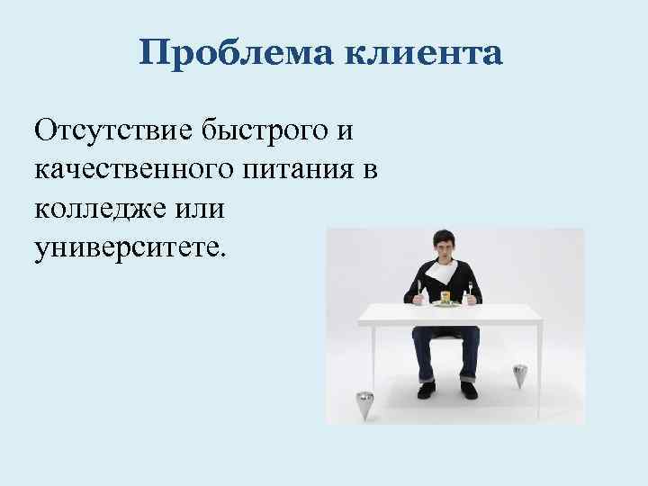 Проблема клиента Отсутствие быстрого и качественного питания в колледже или университете. 