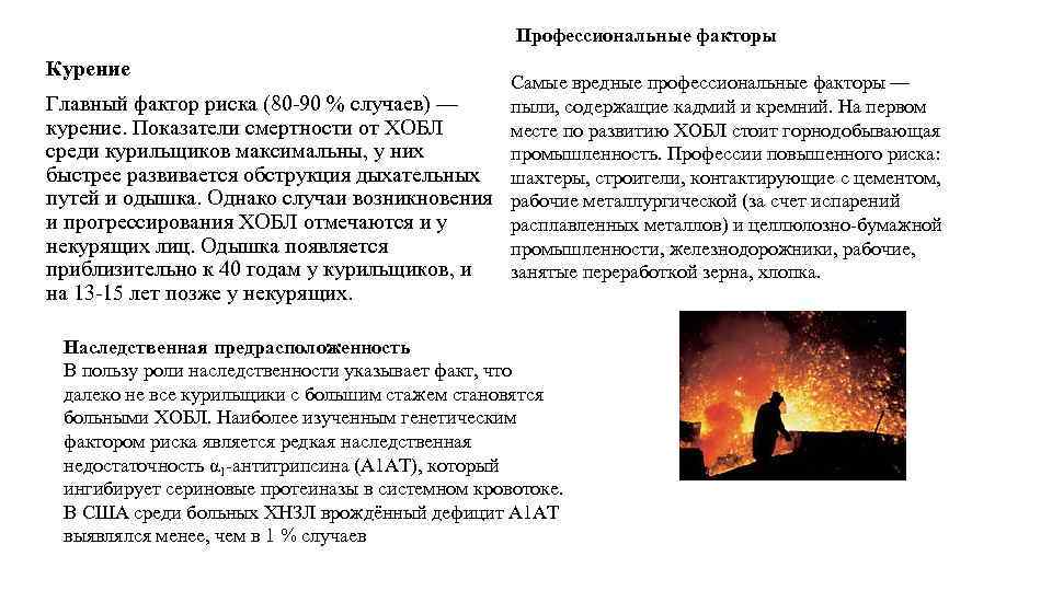 Профессиональные факторы Курение Самые вредные профессиональные факторы — Главный фактор риска (80 -90