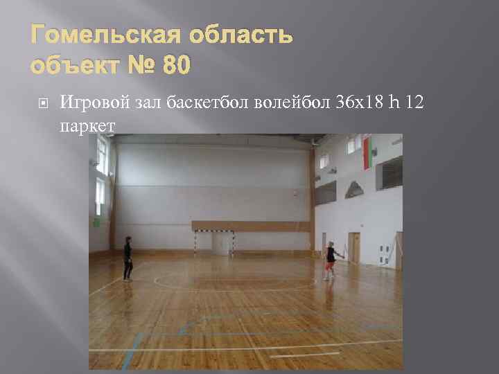 Гомельская область объект № 80 Игровой зал баскетбол волейбол 36 х18 h 12 паркет