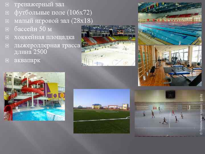 тренажерный зал футбольные поле (106 х72) малый игровой зал (28 х18) бассейн 50