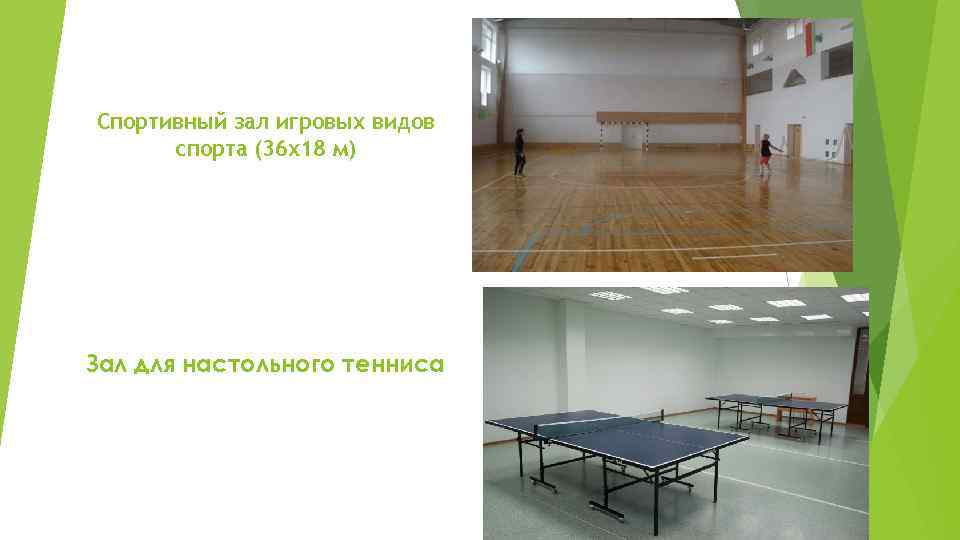Спортивный зал игровых видов спорта (36 х18 м) Зал для настольного тенниса 