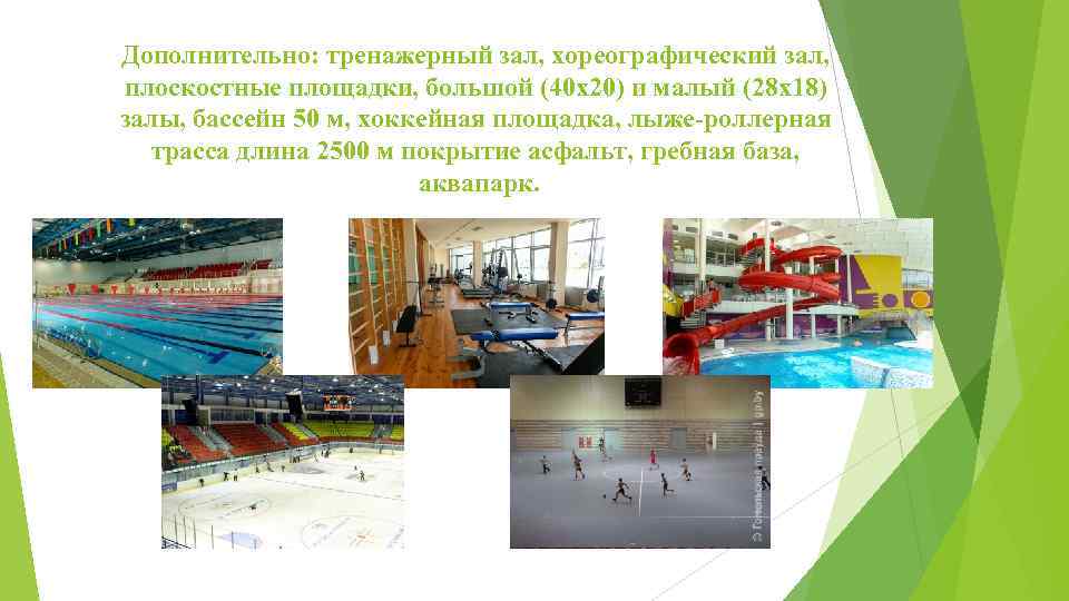 Дополнительно: тренажерный зал, хореографический зал, плоскостные площадки, большой (40 х20) и малый (28 х18)