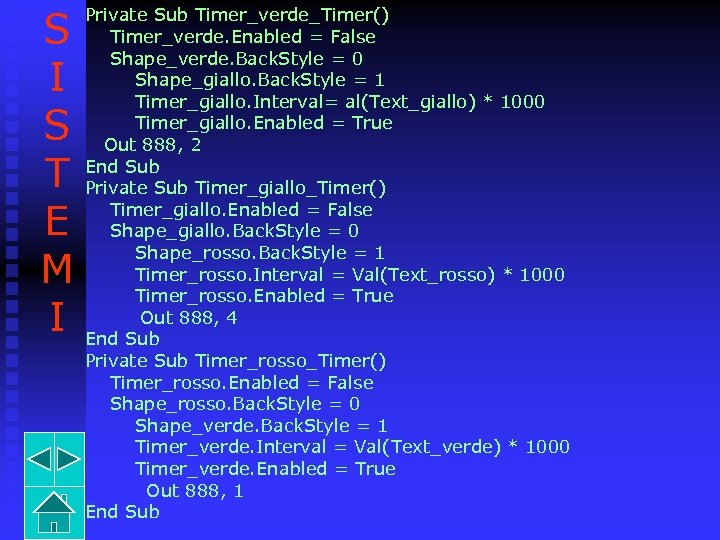 S I S T E M I Private Sub Timer_verde_Timer() Timer_verde. Enabled = False