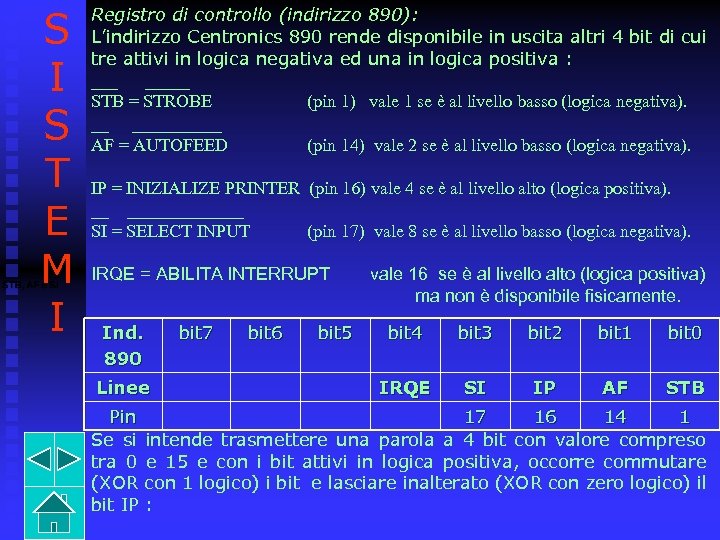 S I S T E M I Registro di controllo (indirizzo 890): L’indirizzo Centronics