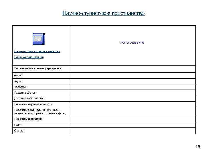 Научное туристское пространство ФОТО ОБЪЕКТА Научное туристское пространство Научные организации Полное наименование учреждения: e-mail: