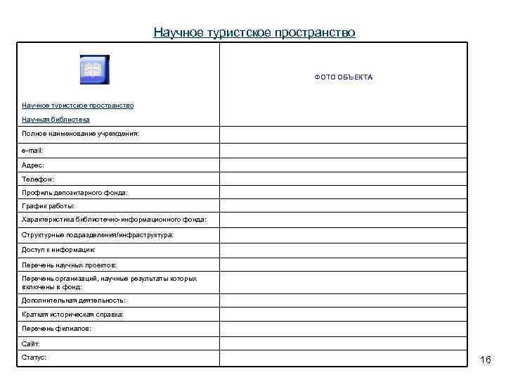 Научное туристское пространство ФОТО ОБЪЕКТА Научное туристское пространство Научная библиотека Полное наименование учреждения: e-mail: