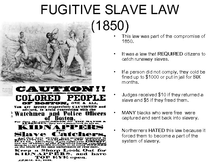 FUGITIVE SLAVE LAW (1850) • • It was a law that REQUIRED citizens to