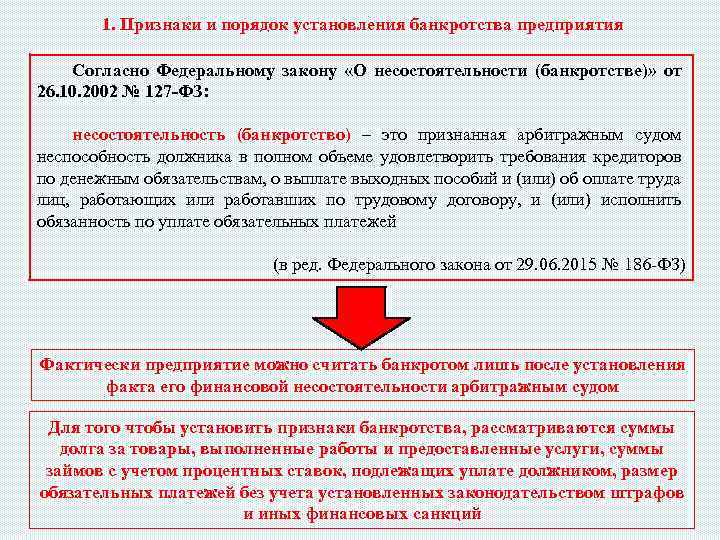 1. Признаки и порядок установления банкротства предприятия Согласно Федеральному закону «О несостоятельности (банкротстве)» от