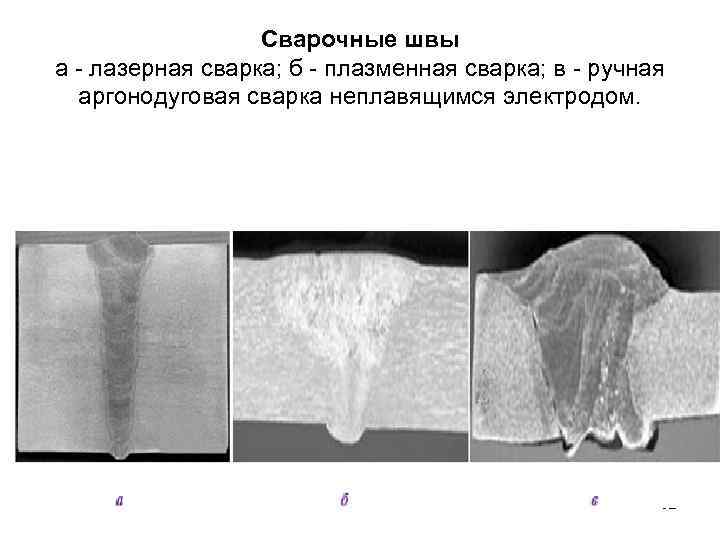 Сварочные швы а - лазерная сварка; б - плазменная сварка; в - ручная аргонодуговая