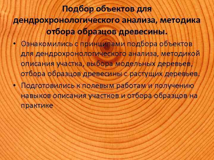 Подбор объектов для дендрохронологического анализа, методика отбора образцов древесины. • Ознакомились с принципами подбора