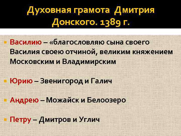 Духовная грамота Дмитрия Донского. 1389 г. Василию – «благословляю сына своего Василия своею отчиной,