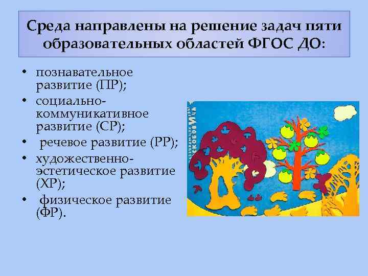 Среда направлены на решение задач пяти образовательных областей ФГОС ДО: • познавательное развитие (ПР);