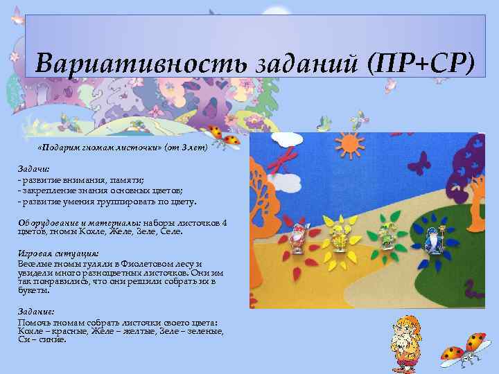Вариативность заданий (ПР+СР) «Подарим гномам листочки» (от 3 лет) Задачи: - развитие внимания, памяти;