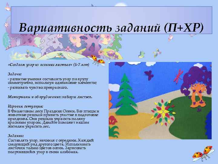 Вариативность заданий (П+ХР) «Создаем узор из осенних листьев» (5 -7 лет) Задачи: - развитие