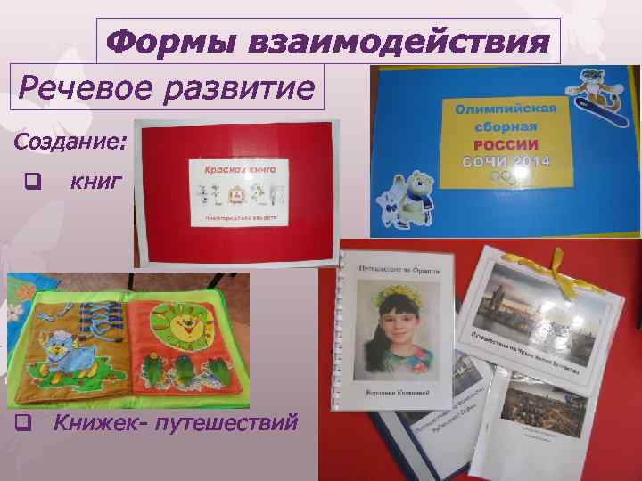 Формы взаимодействия Речевое развитие Создание: q книг q Книжек- путешествий 