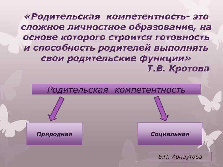  «Родительская компетентность- это сложное личностное образование, на основе которого строится готовность и способность