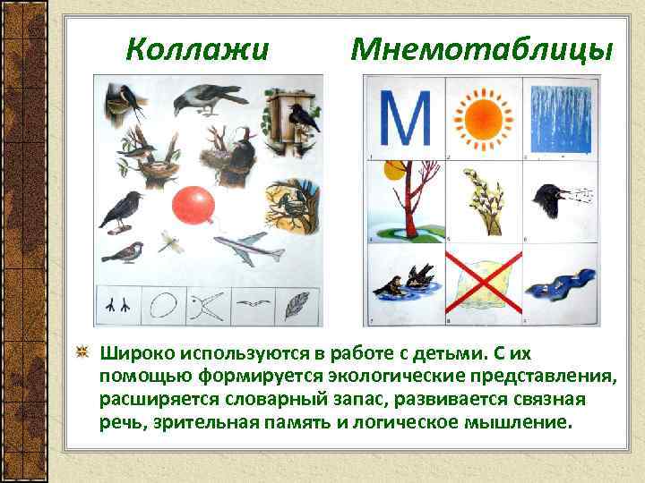 Коллажи Мнемотаблицы Широко используются в работе с детьми. С их помощью формируется экологические представления,