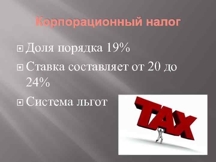Корпорационный налог Доля порядка 19% Ставка составляет от 20 до 24% Система льгот 