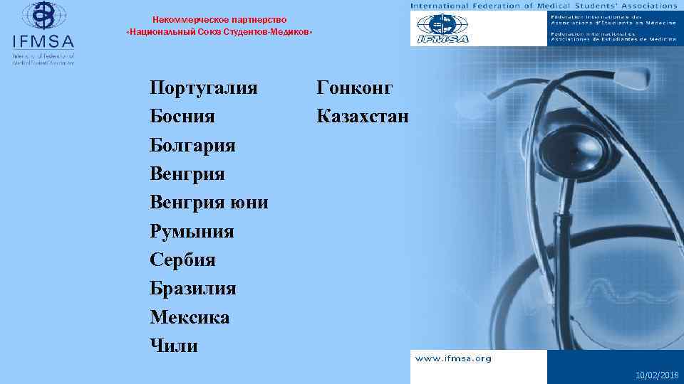 Некоммерческое партнерство «Национальный Союз Студентов-Медиков» Португалия Босния Болгария Венгрия юни Румыния Сербия Бразилия Мексика