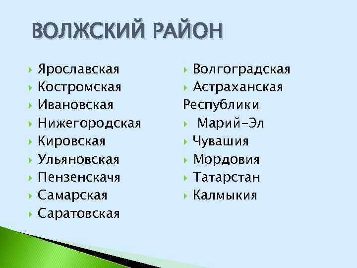 ВОЛЖСКИЙ РАЙОН Ярославская Костромская Ивановская Нижегородская Кировская Ульяновская Пензенскачя Самарская Саратовская Волгоградская Астраханская Республики