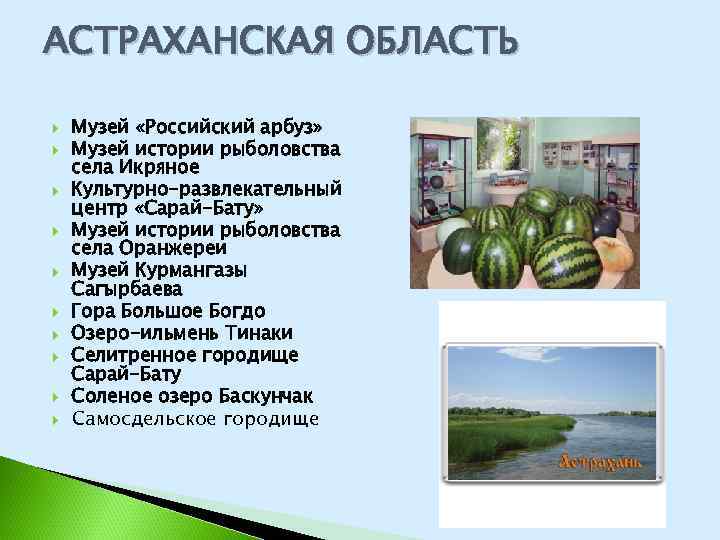 АСТРАХАНСКАЯ ОБЛАСТЬ Музей «Российский арбуз» Музей истории рыболовства села Икряное Культурно-развлекательный центр «Сарай-Бату» Музей