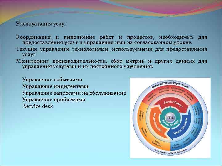 Эксплуатация услуг Координация и выполнение работ и процессов, необходимых для предоставления услуг и управления