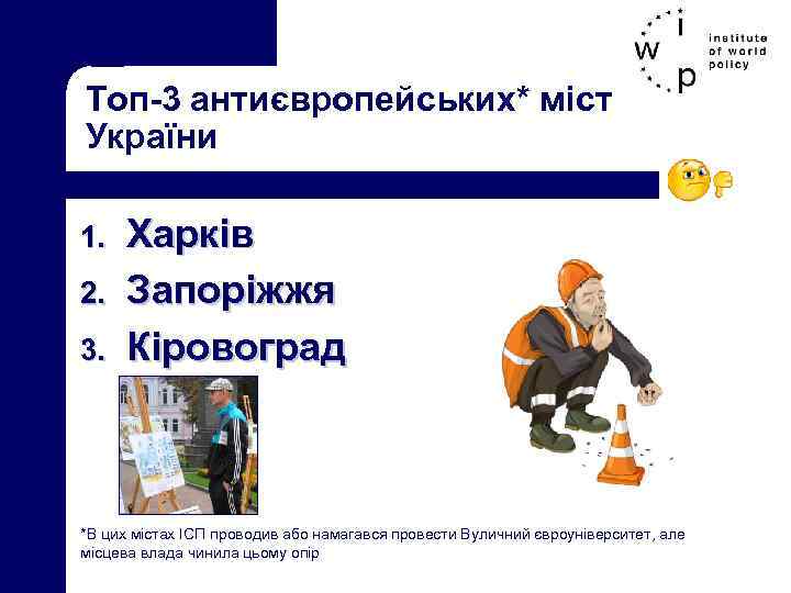 Топ-3 антиєвропейських* міст України 1. 2. 3. Харків Запоріжжя Кіровоград *В цих містах ІСП