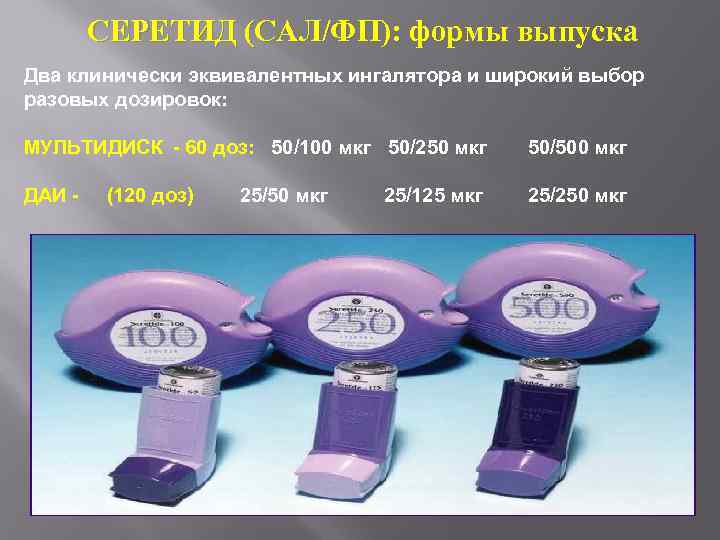 СЕРЕТИД (САЛ/ФП): формы выпуска Два клинически эквивалентных ингалятора и широкий выбор разовых дозировок: МУЛЬТИДИСК