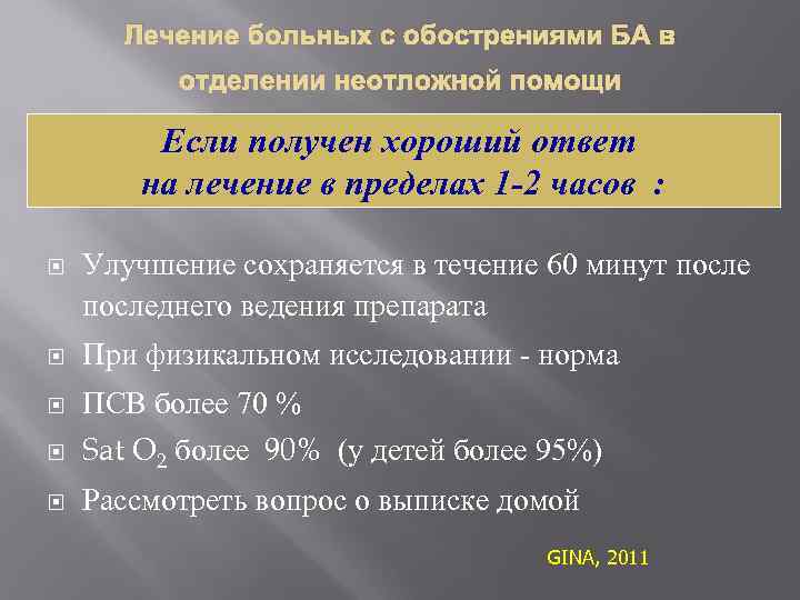 Лечение больных с обострениями БА в отделении неотложной помощи Если получен хороший ответ на