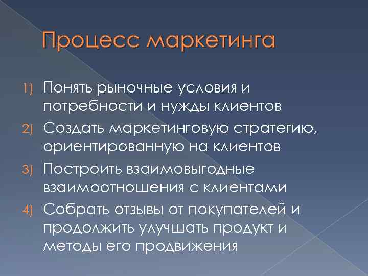 Процесс маркетинга Понять рыночные условия и потребности и нужды клиентов 2) Создать маркетинговую стратегию,