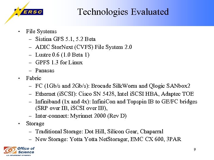 Technologies Evaluated • • • File Systems – Sistina GFS 5. 1, 5. 2