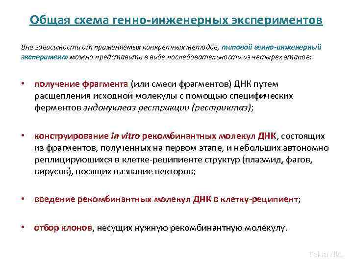 Общая схема генно-инженерных экспериментов Вне зависимости от применяемых конкретных методов, типовой генно-инженерный эксперимент можно