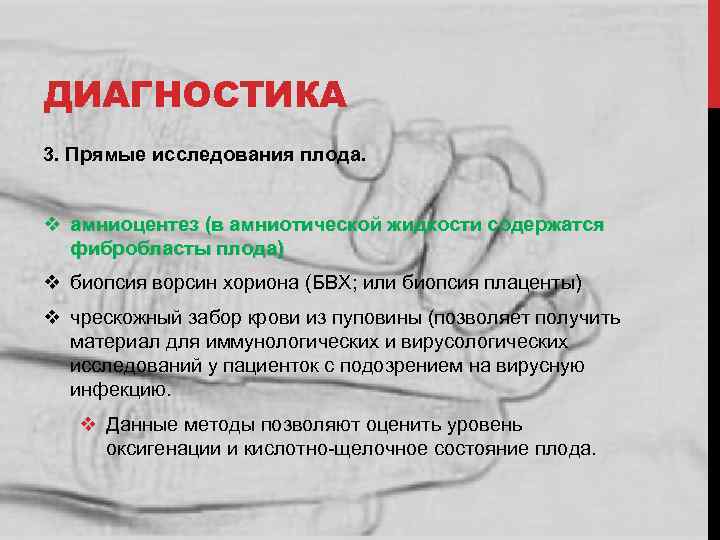 ДИАГНОСТИКА 3. Прямые исследования плода. v амниоцентез (в амниотической жидкости содержатся фибробласты плода) v