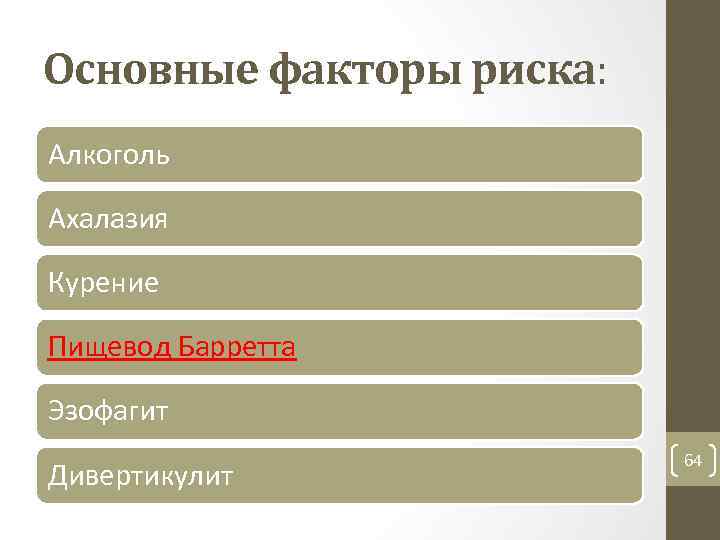 Основные факторы риска: Алкоголь Ахалазия Курение Пищевод Барретта Эзофагит Дивертикулит 64 