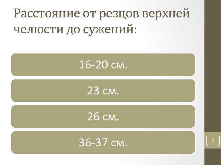 Расстояние от резцов верхней челюсти до сужений: 16 20 см. 23 см. 26 см.