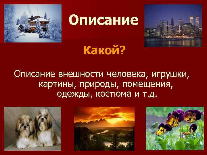Описание Какой? Описание внешности человека, игрушки, картины, природы, помещения, одежды, костюма и т. д.
