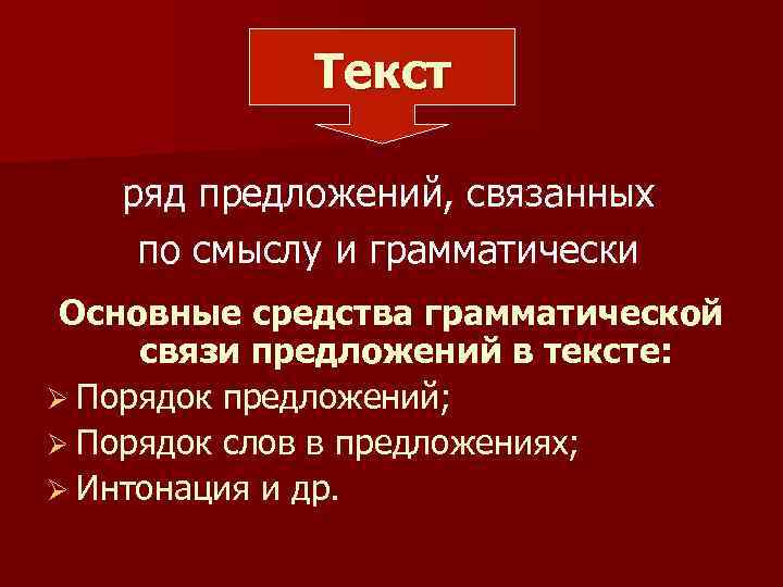 Текст ряд предложений, связанных по смыслу и грамматически Основные средства грамматической связи предложений в