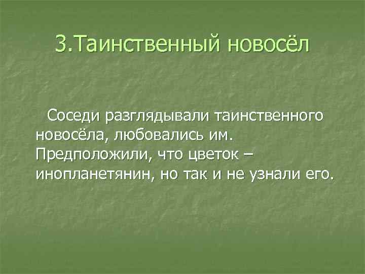 3. Таинственный новосёл Соседи разглядывали таинственного новосёла, любовались им. Предположили, что цветок – инопланетянин,