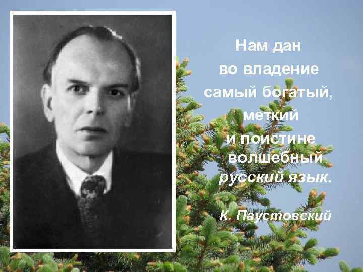 Нам дан во владение самый богатый, меткий и поистине волшебный русский язык. К. Паустовский