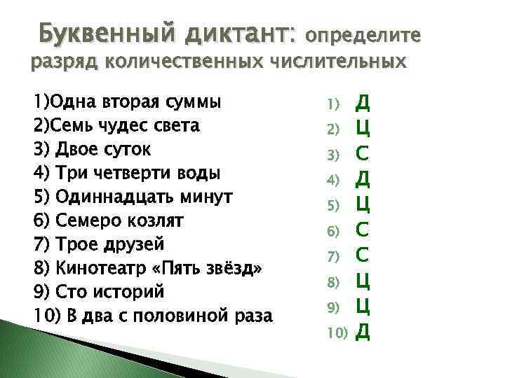 Буквенный диктант: определите разряд количественных числительных 1)Одна вторая суммы 2)Семь чудес света 3) Двое