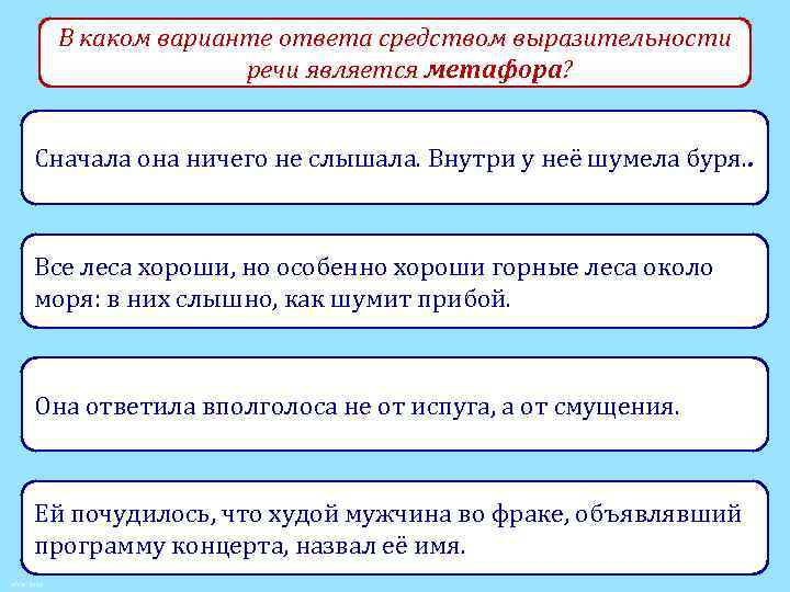 В каком варианте ответа средством выразительности речи является метафора? Сначала она ничего не слышала.