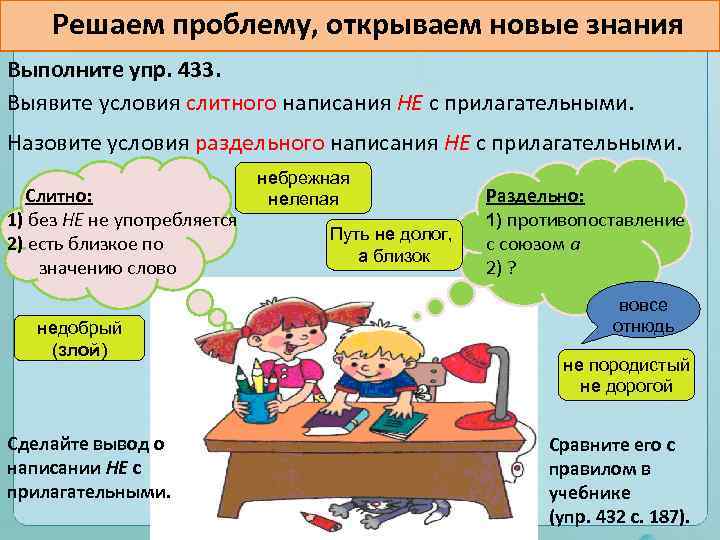 Решаем проблему, открываем новые знания Выполните упр. 433. Выявите условия слитного написания НЕ с