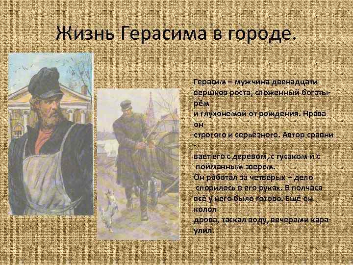 Жизнь Герасима в городе. Герасим – мужчина двенадцати вершков роста, сложенный богатырём и глухонемой