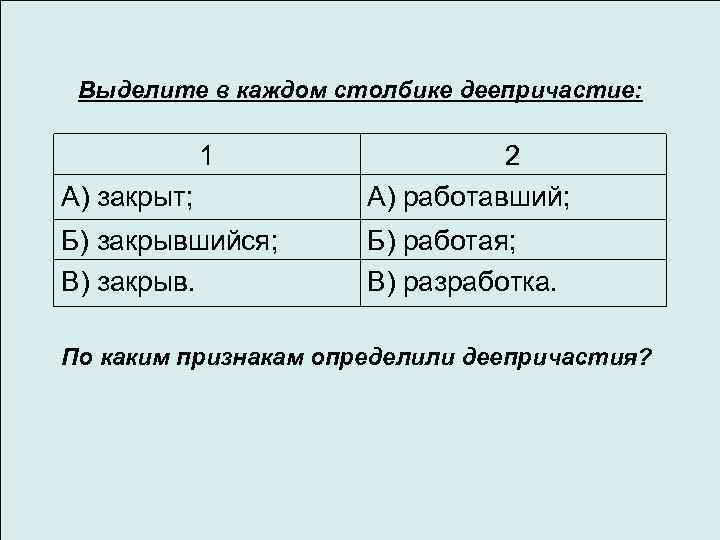 Выделите в каждом столбике деепричастие: 1 А) закрыт; 2 А) работавший; Б) закрывшийся; В)