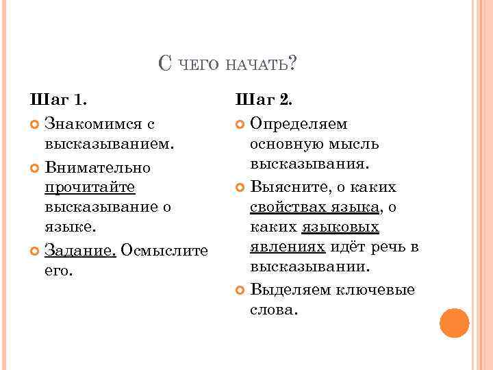 С ЧЕГО НАЧАТЬ? Шаг 1. Знакомимся с высказыванием. Внимательно прочитайте высказывание о языке. Задание.